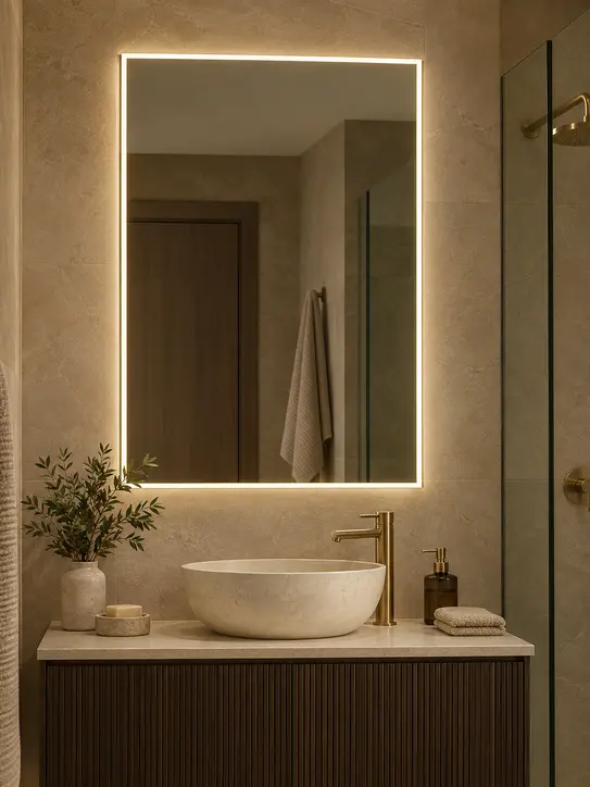 Bathroom vanity with a backlit LED mirror