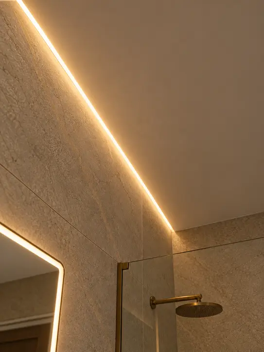 Bathroom with an LED strip lighting the ceiling perimeter