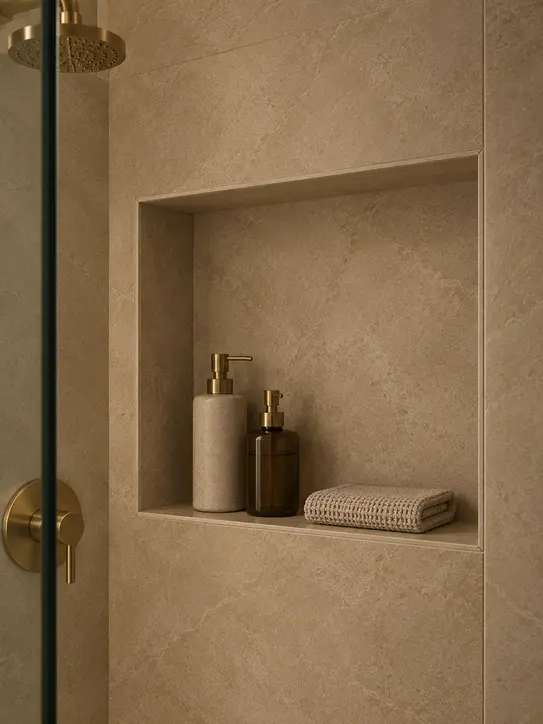 Recessed shower niche shelf holding toiletries and a towel
