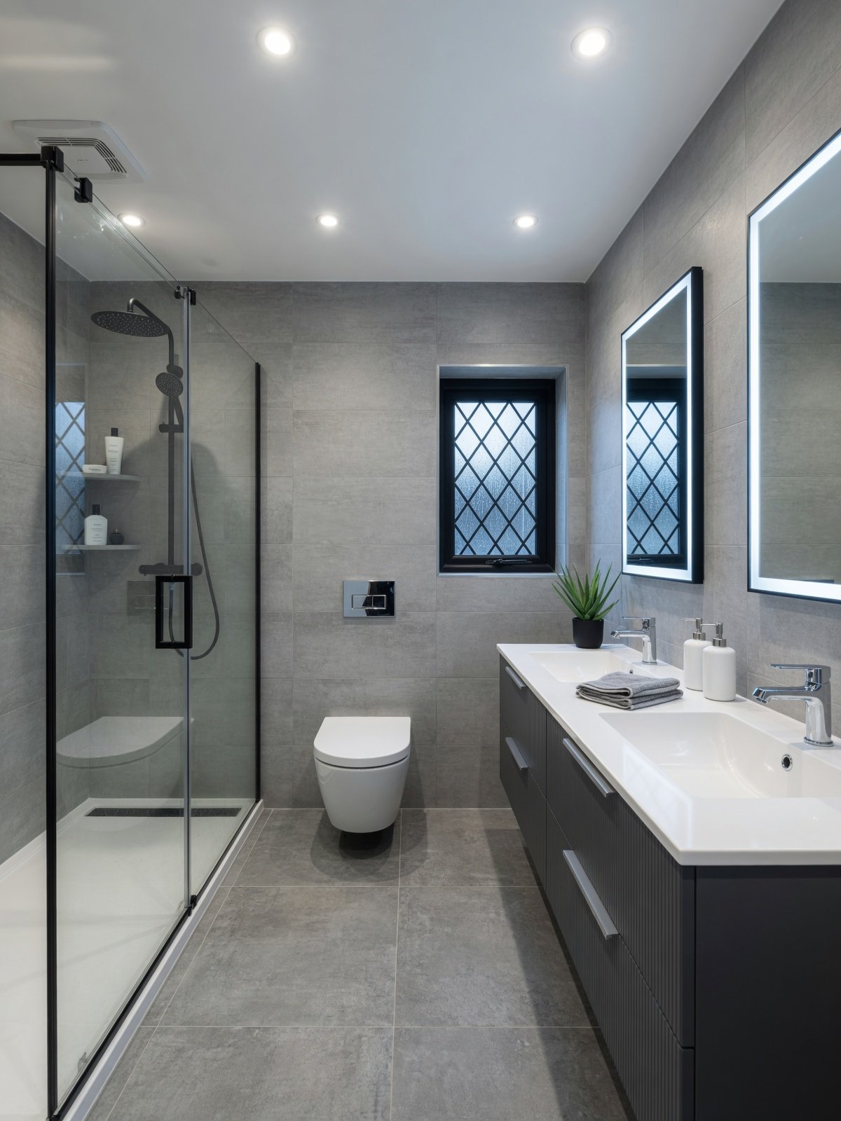 A contemporary bathroom with concrete-grey finishes. — Wigan